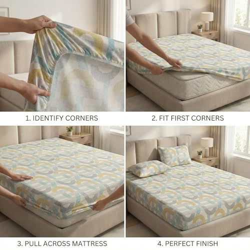 Image of VAS COLLECTIONS Double Bed 160 TC Cloud Cotton Fitted Bedsheet (78x72+10 Inches) | Elastic Deep Pocket Cotton Bed Sheet | Soft, Breathable Bedding for Home & Hotel (Silver Blue Circles)