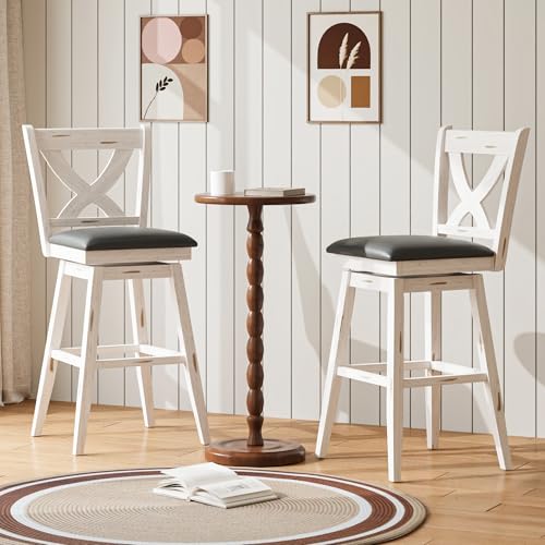 Image of MU Swivel Bar Stools Set of 2, 29 inch Bar Height Kitchen Island Chairs with Back, Upholstered Seat Barstool with Solid Wood Legs & Footrest, Counter Stools for Pub, Bar, Restaurant (Antique White)