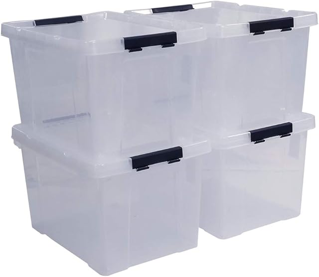 Sandmovie 4-Pack 45 L Large Clear Storage Box, Plastic Storage Latch Box