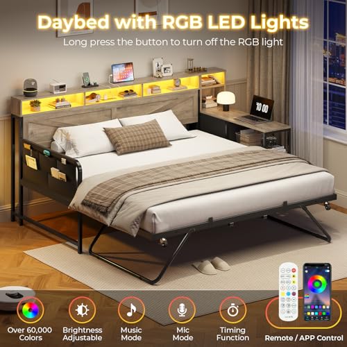 Image of MSmask Daybed with Trundle, Day Bed with 3 Storage Drawers and Headboard, Farmhouse Wooden Twin to King Daybed Frame with Charging Station and LED Lights for Bedroom, Grey
