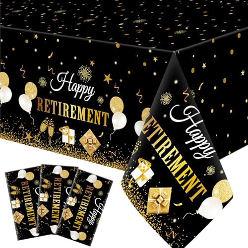 Ganeen 3 Pcs Retirement Party Decorations Happy Retirement Tablecloths Black Gold Disposable Plastic Table Cover Waterproof Table Cloth for Men Women Coworker Say Goodbye Party Supplies 54 x 108 Inch