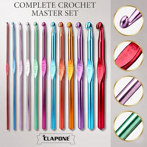 Image of CLAPONE Aluminum Crochet Hooks Set 2.0mm-8.0mm, Color-Coded Knitting Needles Kit, Smooth Metal Crochet Needles for Yarn Craft, DIY Weaving & Handmade Projects (Multicolor, 12 Piece Set)