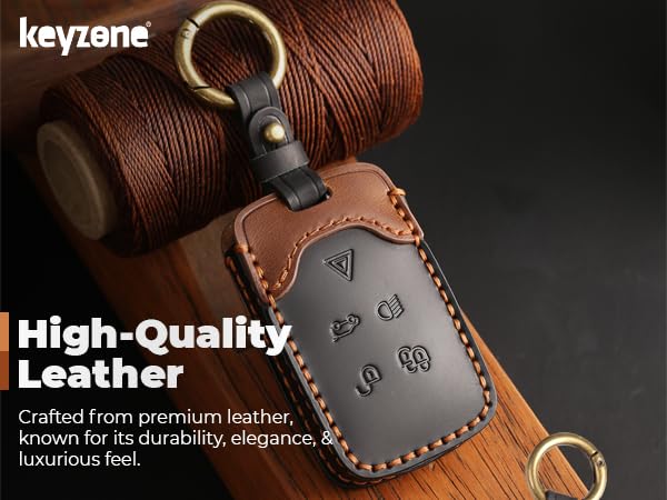 Image of Keyzone Dual Leather Key Cover for Range Rover: Sport, Evoque, Velar, Discovery, Defender (2018, 2019, 2020, 2021) 5 Button Smart Key (Black-Brown)
