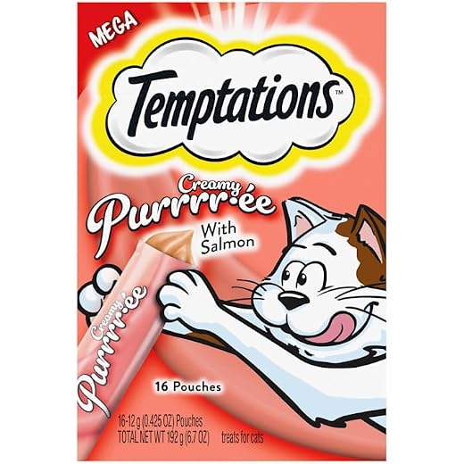 Temptations Creamy Puree Squeezable Lickable Cat Treats, Wet Cat Treats with Salmon, 0.42 oz. Tubes, 16 Count
