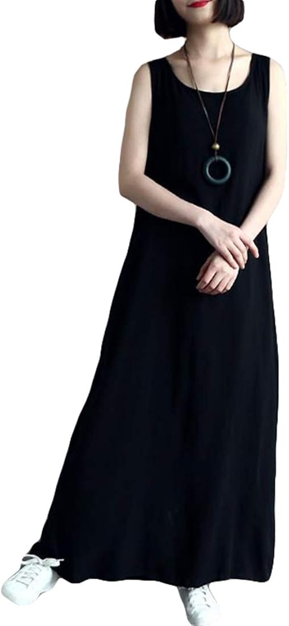 Amazon Co Jp Ptorロングワンピース レディース ノースリーブ ワンピース 綿 麻 マキシ丈 インナーワンピース カジュアル チュニック 体型カバー 着痩せ マキシワンピース 夏 Freesize黒 服 ファッション小物