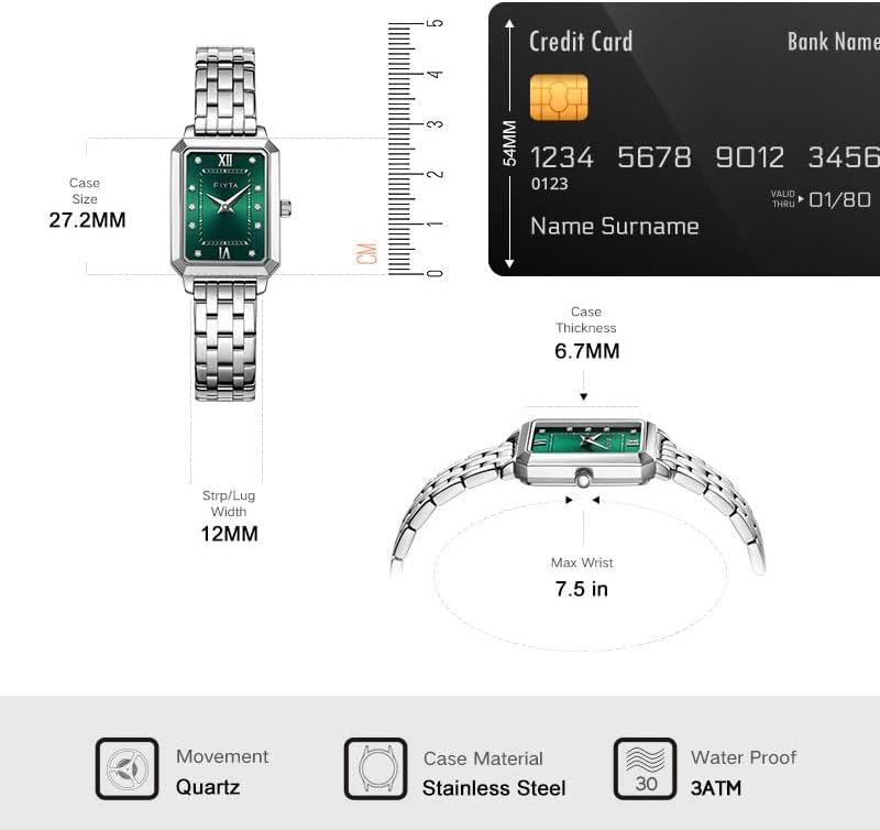 Women's Bracelet Watch, Stainless Steel, Synthetic Sapphire Crystal, Classic Rectangle Case, 2-Hand, 30M Water Resistance, 21MM Quartz - Image 6