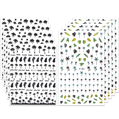 Ancirs 1000+ Pcs 3D Summer Palm Tree Nail Art Studs Stickers, Adhesive Tropical Surf Beach Palm Tree Nail Art Decals For Diy Nail Art Polish Manicure Decoration- 5 Sheets Green Fresh Cool Style & 5 Sheets Brown Sunset Style #TOP22