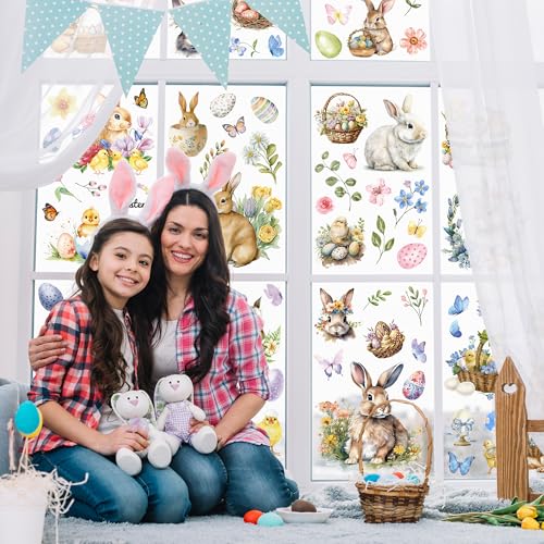 Image of 9 Sheets Easter Window Clings, 87 PCS Watercolor Easter Party Decorations with Bunny Egg Flower, Double Sided Egg Window Decals Stickers for Spring Decor Home Office Party Supplies