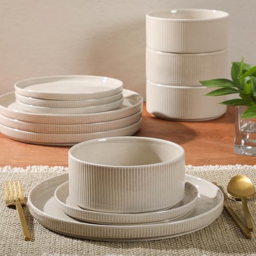 Image of Gibson Elite Solana Coast 12 Piece Stoneware Reactive Glaze (Service for 4) Ceramic Plates and Bowls Modern Shape Embossed Dinnerware Set - Cream White