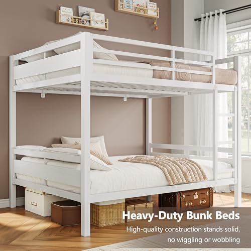 Image of iPormis Metal Bunk Bed Full Over Full, Heavy Duty Bunk with High Guardrail and Safety Entrance Design, Under-Bed Storage Space, Easy Assembly, Noise Free, White