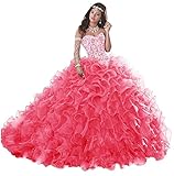 WANSHAQIN Women's Heavy Beaded Sweetheart Ball Gowns Dresses Organza Ruffles Quinceanera Dresses for Sweet 16 Coral