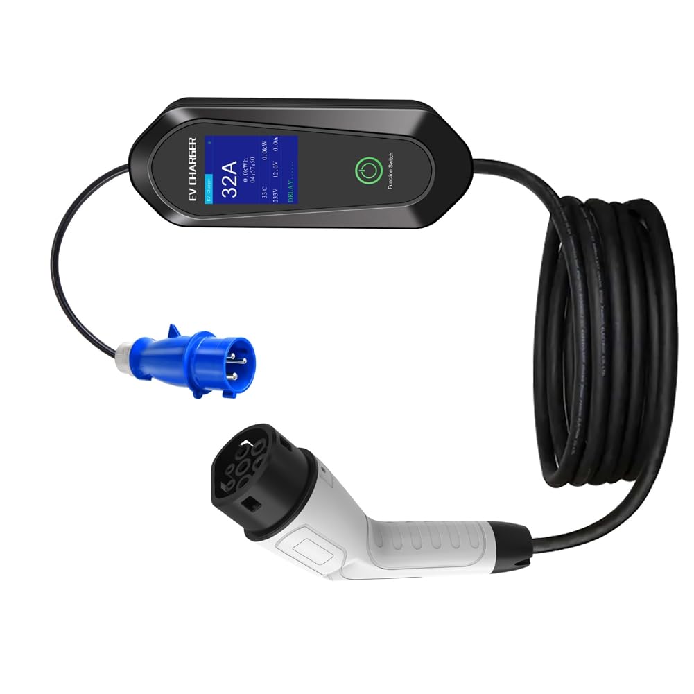 Cargador Portátil EV Monofásico de 7 KW y 32 A para Vehículos Eléctricos. Cable de Carga Rápida EVSE. Compatible con para WiFi y Aplicación. Control Bluetooth.