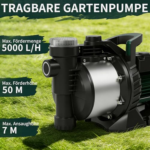 LANCHEZ Gartenpumpe 5000 l/h Fördermenge, Leistung 1300 W, Förderhöhe 50 m, Mit Filter, Wasseranschluss und Ablass, Ansaughöhe bis zu 7 m, Wasserpumpe für Regenfässer, Zisternen, Gartenteiche