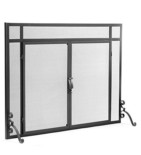 Plow & Hearth Metal Fireplace Screen Flatguard Black | 38" W x 31" H | 2 - Door | Spark Guard Indoor Grate | Iron Fire Place Cover | Wood Burning Stove Decorative Accessories