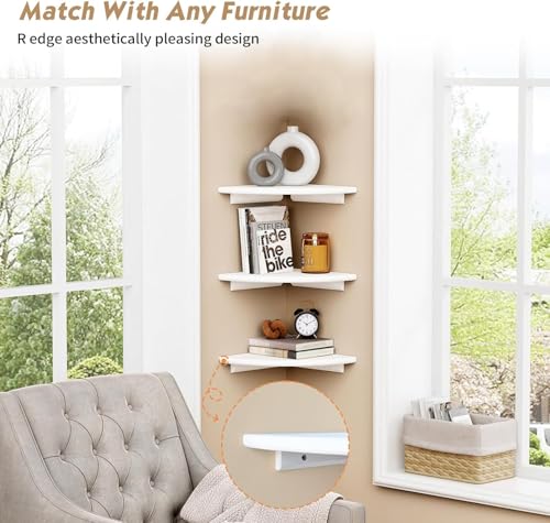 Image of UHUD CRAFTS Corner Floating Shelves for Wall Decor Set of 3, Wall Mounted Rounded Corner Book Shelves for Kids Bedroom & Books, Decorative Storage Shelf for Bathroom & Living Room Decor - White