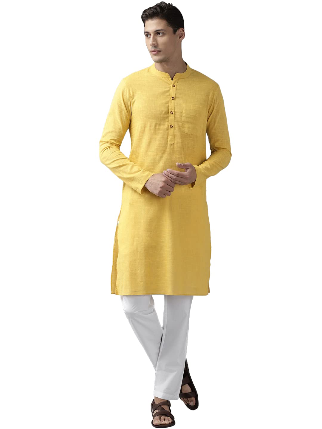 See Designs Yellow & White Cotton Regular Fit Kurta Set Madern Collar Stright Hem Side Full Sleeve Straght Kurta With Pyjama_Sdkt102201L