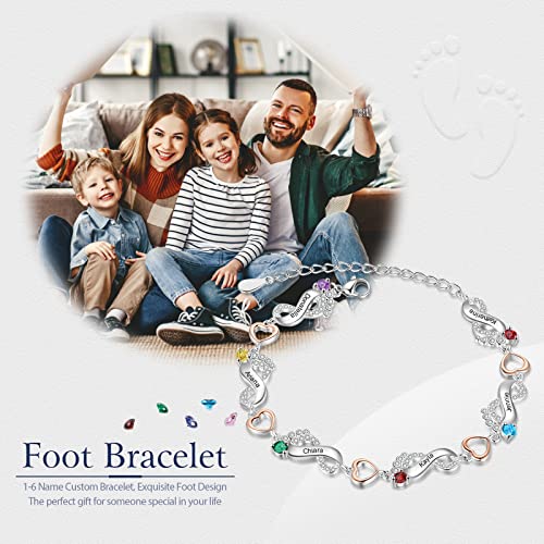 Jewelora Personalized Infinity Mother Bracelet With Simulated Birthstone Custom Name Baby Feet Link Bracelet For Women Heart Bracelet Adjustable Chain Charm Birthday Mother's Day Gift(6 Name) #TOP3
