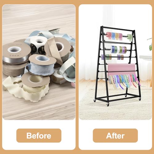 Image of ikare Ribbon Holder,Ribbon Organizer,15 Tier Ribbon Holder Organizer Rack,Double-Sided Gift Wrapping Craft Ribbon Storage Shelf for Craft Room Cake Shop Flower Store,Black