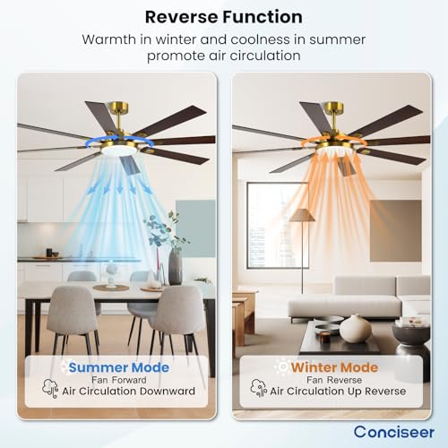 Image of 72 Inch Ceiling Fans with Lights and Remote, Dual Color 8 Blades, Bedroom Living Room Office Library Cafe Outdoor Industrial, 3CCT Dimmable, 6 Speed Reversible Quiet DC Motor, Gold /Wood Grain