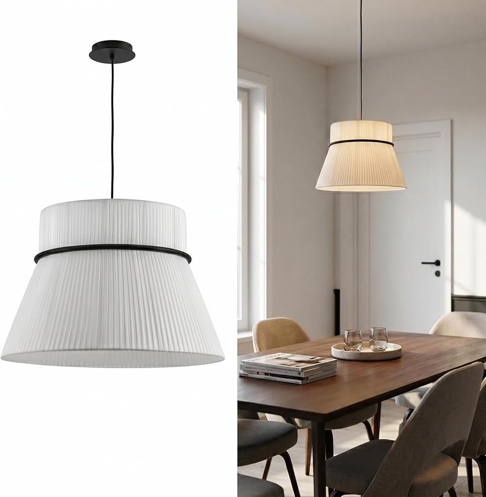 XQIDIANAA 15.7inch Modern Pendant Light Fixtures with Fabric Shade, Adjustable Hanging Light Fixture,Drum White Vintage Chandelier for Kitchen Island Bedroom Dining Room Foyer