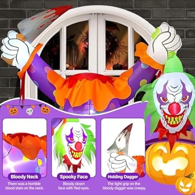 Gruseliger 4,5 Fuß Aufblasbarer Clown für Halloween – Schaurige Fenster-Deko mit Dolch und blutigem Kopf für Garten & Party! – Bild 5
