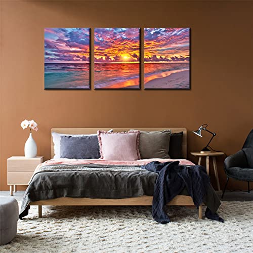 Beach Prints Home Wall Art - Sunset Coastal Seascape Pictures Red Ocean Scenery Poster Artwork Framed 12 X 16 Inches Sea Canvas Paintings 3Pcs Teens Bedroom Bathroom Living Room Kitchen Décor #TOP1