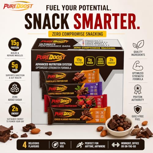 Image of Protein Bars Variety Pack | 15g Protein & 5g Fiber | Zero Added Sugar | Healthy Snack for Gym, Weight Loss & Energy | Chocolate, Coffee Mocha, Choco Berry & Choco Almond 50g (Pack of 8)