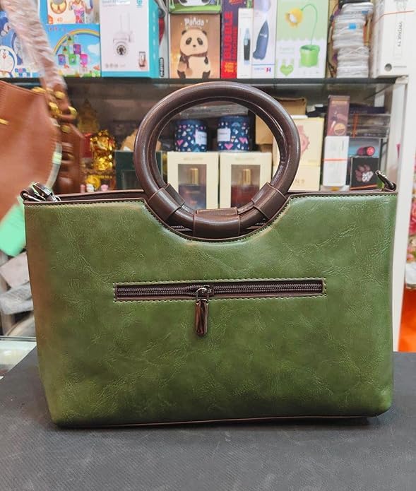 Image of Green Faux Leather Handbag for Women | Embossed Horse Design Tote with Round Handle | Elegant Top Handle Shoulder Bag for Office, Party & Daily Use