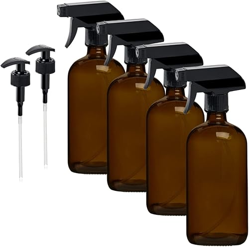 Miniatura 6 de Paquete de 4 botellas de agua recargables de plástico PET ámbar de 16 onzas con gatillo negro y bomba dispensadora de jabón, rociador vacío, niebla