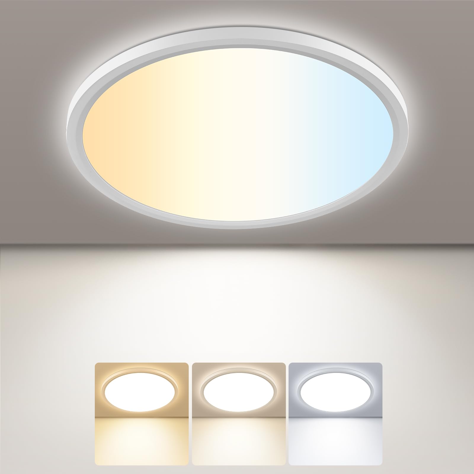 Yisica 18cm Ceiling Light,5 Colors-3000/3500/4000/5000/6500K LED Ceiling Lamp, IP44 Waterproof Bathroom Lamp Ceiling, 15W Ultra Thin Round Lamps for Kitchen Bathroom Bedroom Hallway Living Room