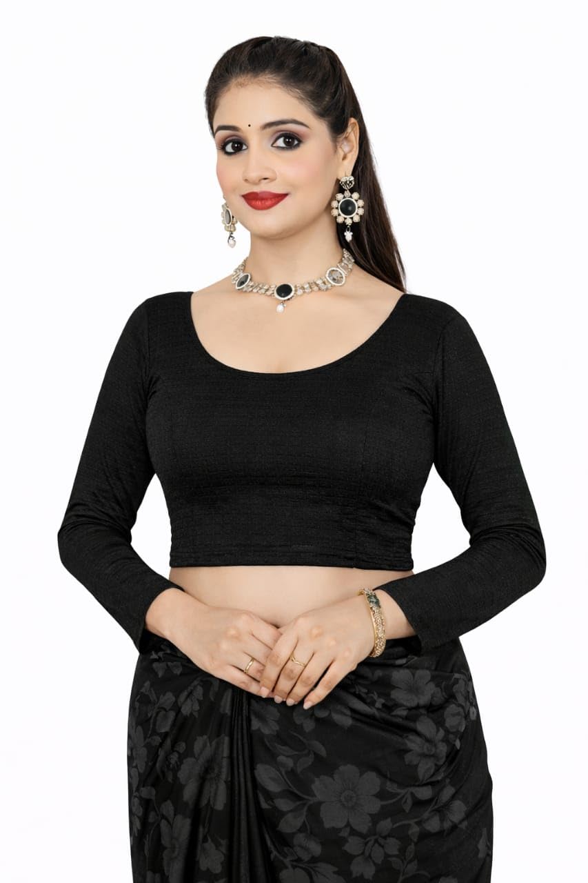 V R Trade Jalpari Cotton Readymade Saree Blouse for Women Black 3 4 Sleeve Round Neck Stretchable Regular Fit Pull On Style Long Sleeve Saree Blouse-picture-17