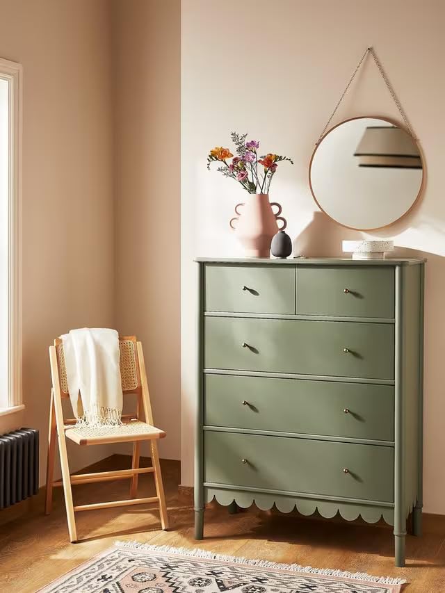 RUSTIC ROOTS Scalloped Wooden Chest of Drawers - 5 Drawer Dresser- Timeless Elegance for Your Home - Handcrafted with Care. (Light Green)-image-29