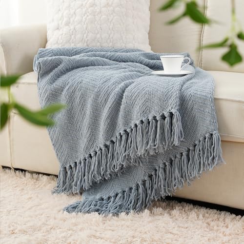 Image of BATTILO HOME Blue Grey Throw Blanket for Couch, Knit Throw Blanket, 50 inchx60 inch