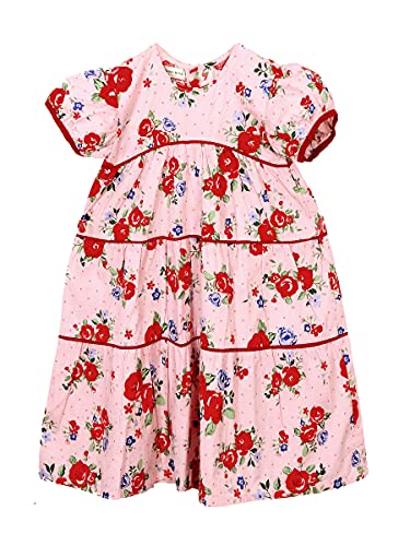 Image of Cotton Girls Three Tier Swirly Dress Frock with Piping and Puffed Balloon Sleeves