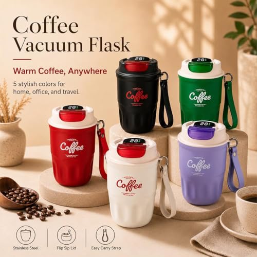 Image of Coffee Vacuum Flask, 12oz Durable Insulated Tumbler Built-in LED Temperature Display, 316 Stainless Steel Travel Coffee Mug for Home, Office, And Outdoor Use (Smart temperature display-White)