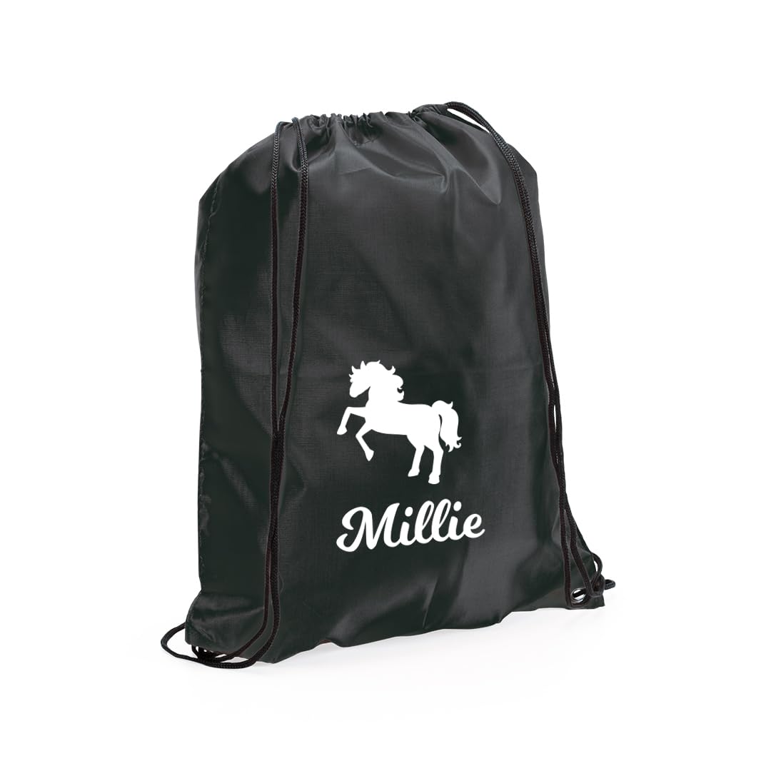 eBuyGB Personalised Horse Bag, Kids Reusable Nylon Drawstring Horse Riding Bag for Girls & Boy (Black)