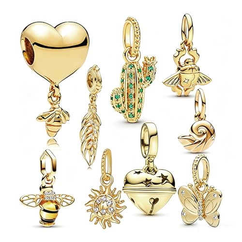 MITSOKU 9Pcs Silver Gold Charms Set Compatible with Pandora Bracelets - Fashion Dangle Beads for Women Birthday/Travel/Family Theme Jewelry Gifts