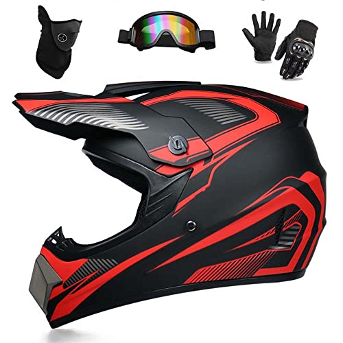WEITY Motocross-Helm, Brille, Handschuhe, Maske 4-teiliges Set, MTB AVT Motorrad-Crosshelm, DOT-geprüft, geeignet für Erwachsene, Kinder, Männer und Frauen (roter Sporn,S)