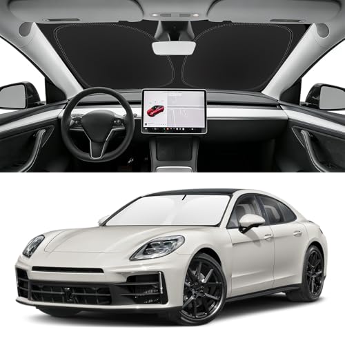 Image of Custom Fit Windshield Sun Shade for Porsche Panamera 2017-2025 | Blocks UV Rays and Sun Heat, Helps Reduce Interior Temperature, Protects Dashboard from Fading, Folds Easily for Storage