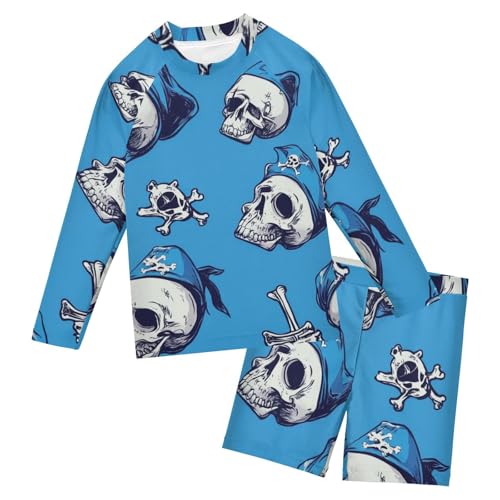 Traje de baño para niños con protección UV manga larga dos piezas azul escarlata pirata