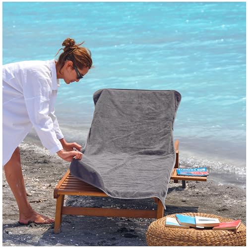 CalmyBEACH Housse de protection en tissu éponge pour chaise longue de jardin, 200 x 75 cm, 100 % coton, pour chaise longue de plage, anthracite