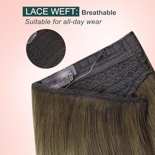 Image of Easyouth Wire Hair Extensions Ombre Wire Hair Extensions Real Human Hair Dark Brown Ombre Medium Brown Balayage Blonde Fish Line Human Hair Extension Easy to Install 14 Inch 70g