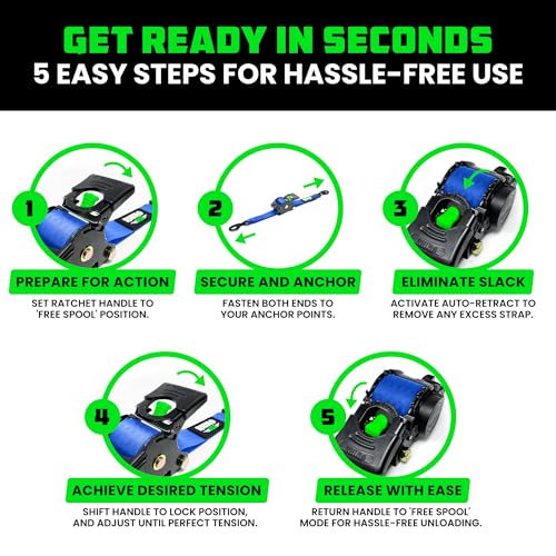 Image of Rhino USA Retractable Ratchet Straps (2-Pack) - 2 Inch x 10 Feet (3,033lb Break Strength) - Heavy Duty Auto Self Retracting Tie Down Straps for Truck, Cargo Trailer, Motorcycle, Rad & More - Blue