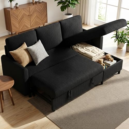 JAMFLY Pull Out Sleeper Sectional Sofa, L Shaped Corduroy Couch with Hidden Storage, Convertible Sofa Bed for Small Living Rooms and Apartments, Black