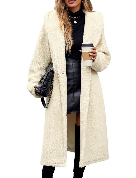 Wiepux Women's Winter Sherpa Fur Coat - Warm Hooded Faux Fur Cardigan Jacket with Pockets and Buttons, Comfortable and Loose Fit for Everyday Wear, Work and Travel(Beige,L)