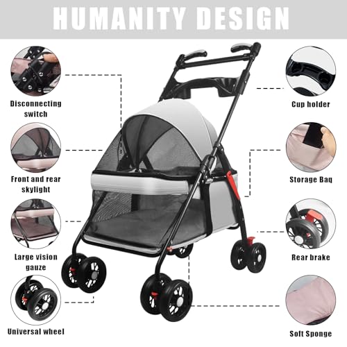 OMDOCA Carrinho de passeio com gaiola dobrável para cães e gatos, com cesta de armazenamento e supor
