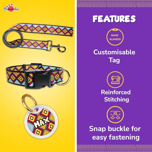 Image of Pawsindia Leash and Collar with Name Tag for Dogs, Aztec Print with 1.5 Inches Width Adjustable Collar and 4 Feet Heavy Duty Leash with Customize Nametag