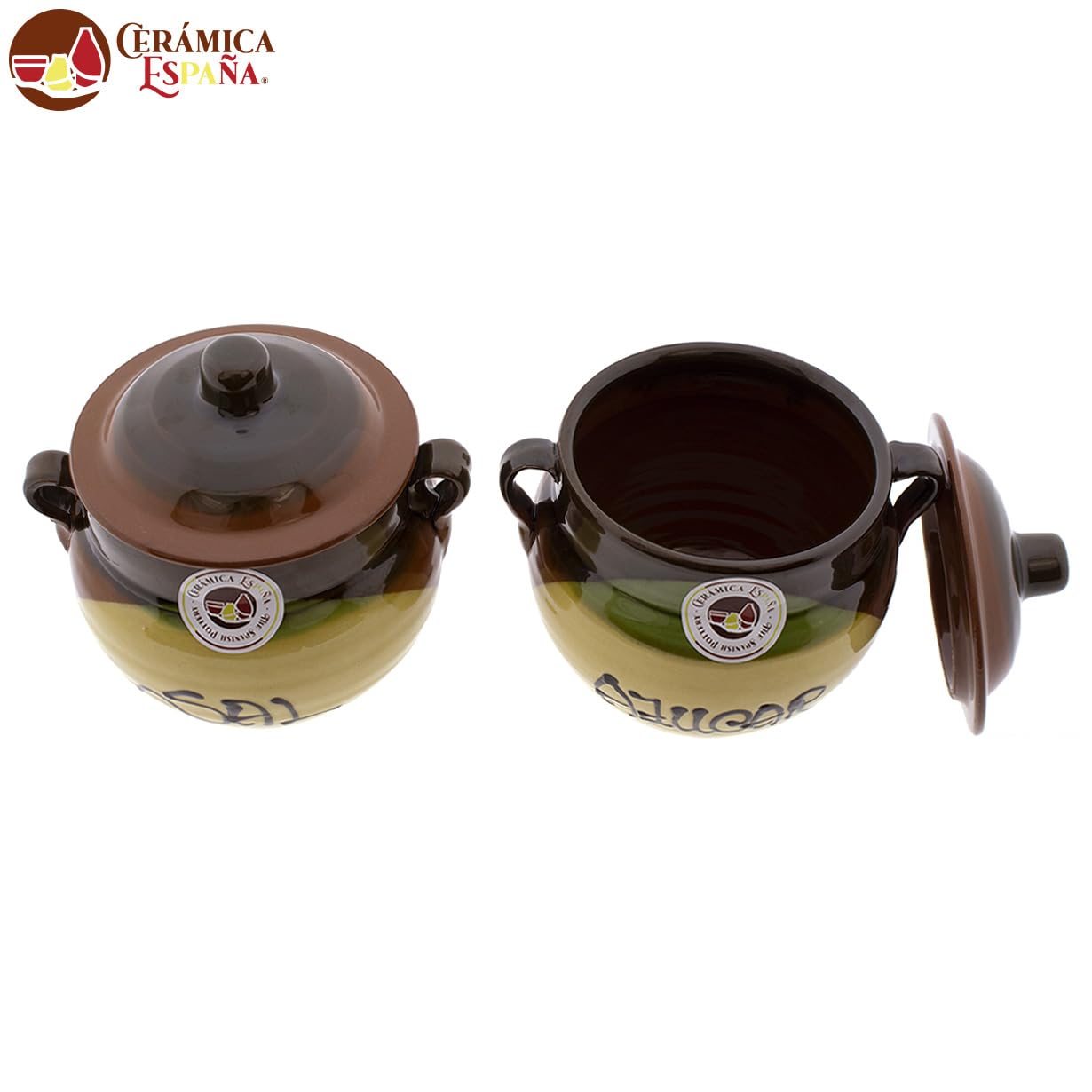 CERÁMICA ESPAÑA | Saliera e Zuccheriera rustica in ceramica | Vasetti da cucina | Vasetti originali | Set x2 Saliera e Zuccheriera cucina - Modello M03 | 100% fatto a mano | 14x12x15 cm