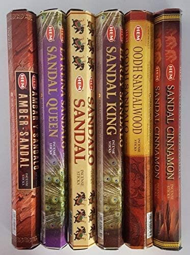 HEM Incense Sandalwood Scents #1 Collection/Assortment - Amber-Sandal, Oodh Sandalwood, Sandal, Sandal Cinnamon, Sandal King, and Sandal Queen - Six 20 Stick Tubes, 120 Sticks Total