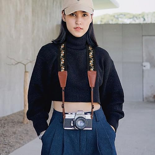 Image of Padwa Lifestyle Camera Strap - 2 inch Full Grain Leather Ends Camera Straps for Photographers, Vintage Embroidered Cotton Weave Soft Suede Fabric Padded Strap Quick Release fits All Cameras